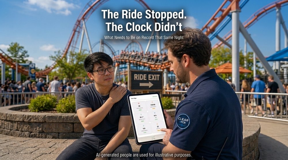 A park staff member reviews a guest’s vital signs on a Clear ePCR tablet near a ride exit, with a roller coaster behind them