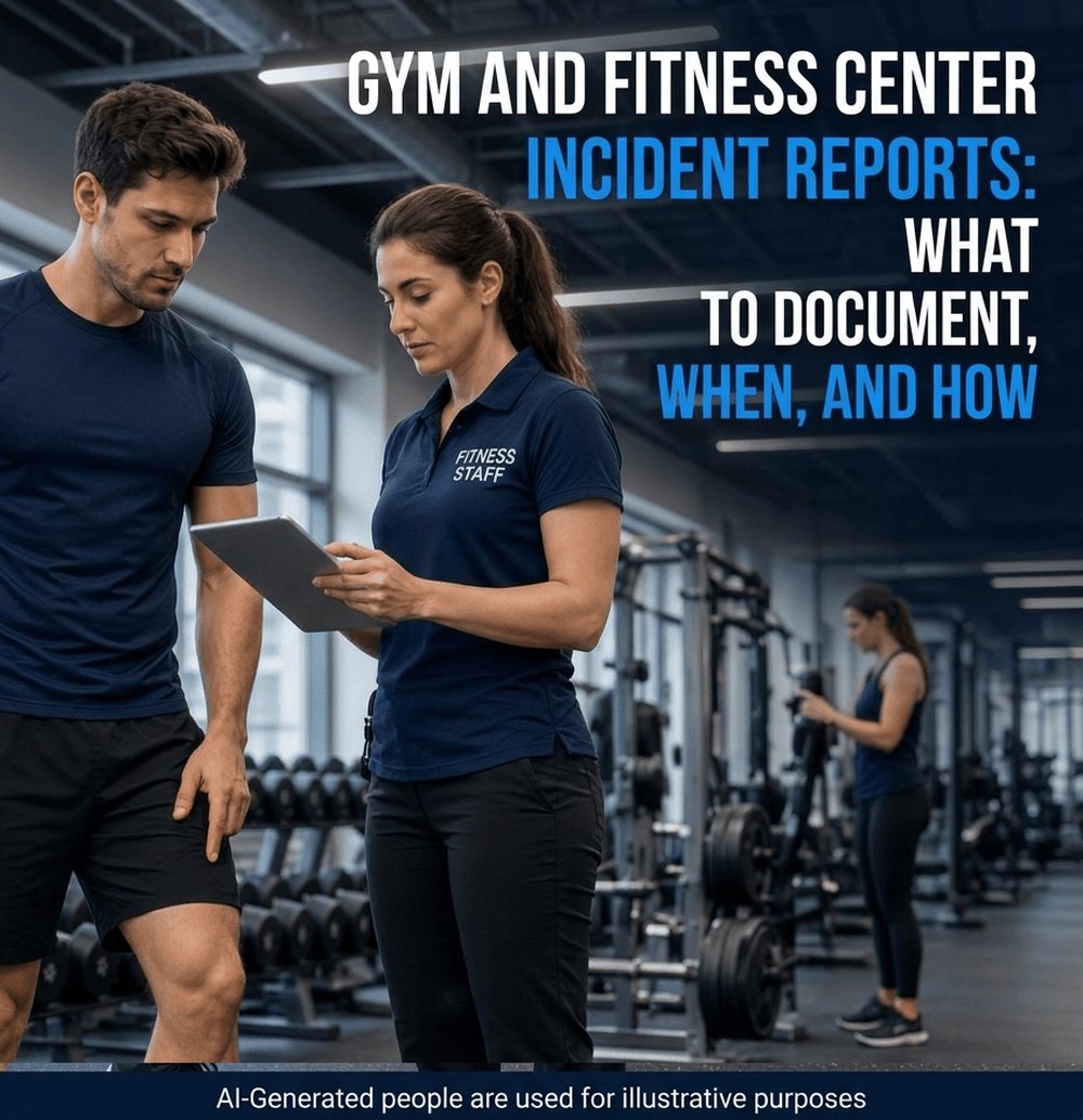 A fitness staff member and a gym member review an incident on a tablet on the gym floor, with weight racks behind them