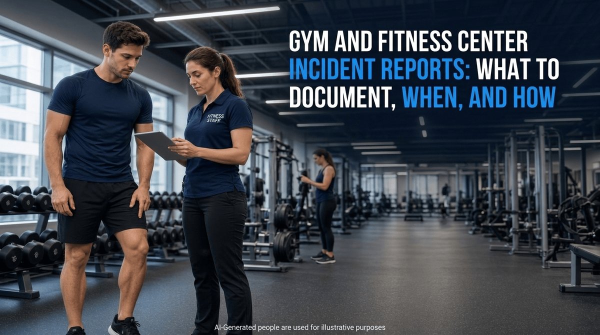 A fitness staff member and a gym member review an incident on a tablet on the gym floor, with weight racks behind them