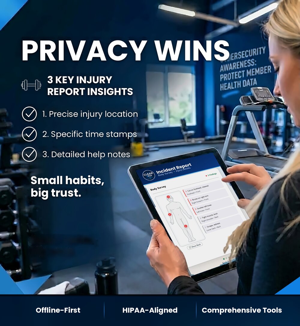 A gym staff member reviews an incident report body survey on a Clear ePCR tablet, next to the headline Privacy Wins: 3 key injury report insights